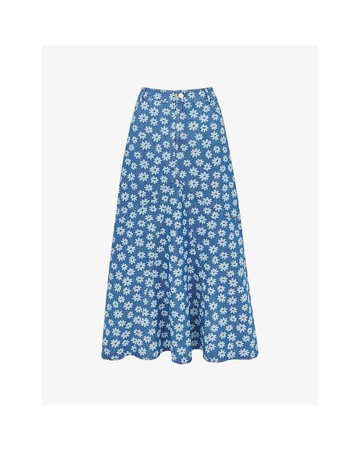 Whistles Blue Daisy-motif A-line Denim Maxi Skirt