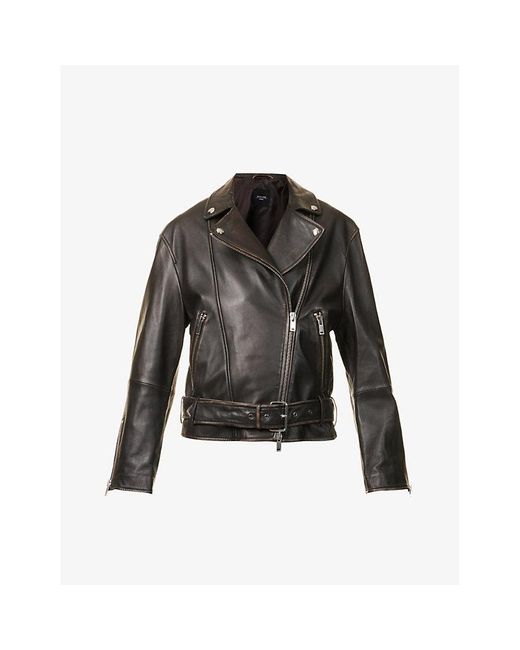 Weekend by Maxmara Black Lessy Panelled Detachable-belt Regular-fit Leather Jacket
