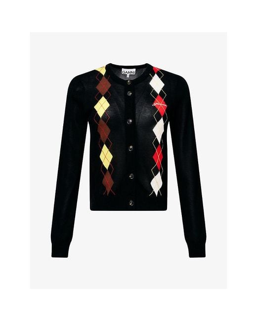 Ganni Black Argyle-Pattern Cotton-Knitted Cardigan