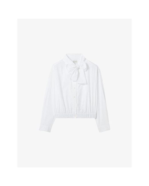 Claudie Pierlot White Pussybow Long-Sleeved Cotton-Poplin Blouse