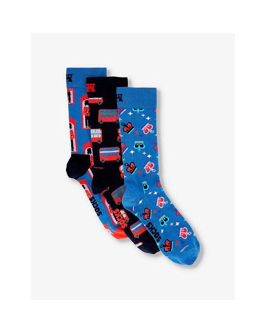 Happy Socks Blue London Pack Of Three Stretch-cotton-blend Socks for men
