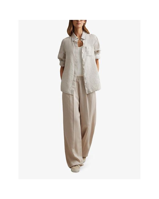Reiss Natural Vera Elasticated-waistband Wide-leg Mid-rise Linen-blend Trousers