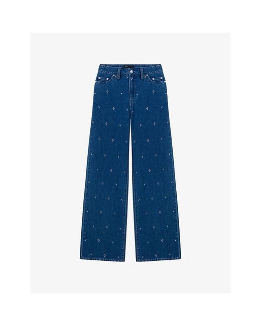 Maje Blue Wide-Leg Rhinestone-Embellished Denim Jeans