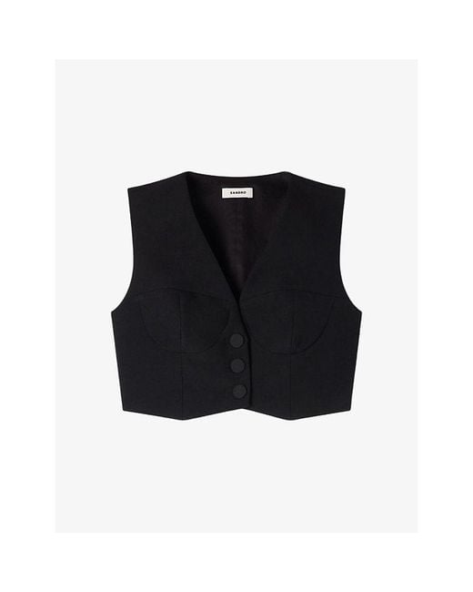 Sandro Black V-Neck Cropped Woven Top