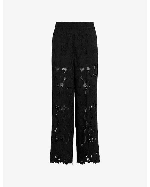 AllSaints Black Charli Lace-embroidered Elasticated-waist Woven Trousers