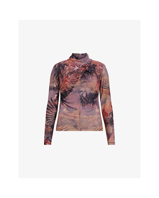 AllSaints Red Tia High-neck Graphic-print Stretch Recycled-polyester Top