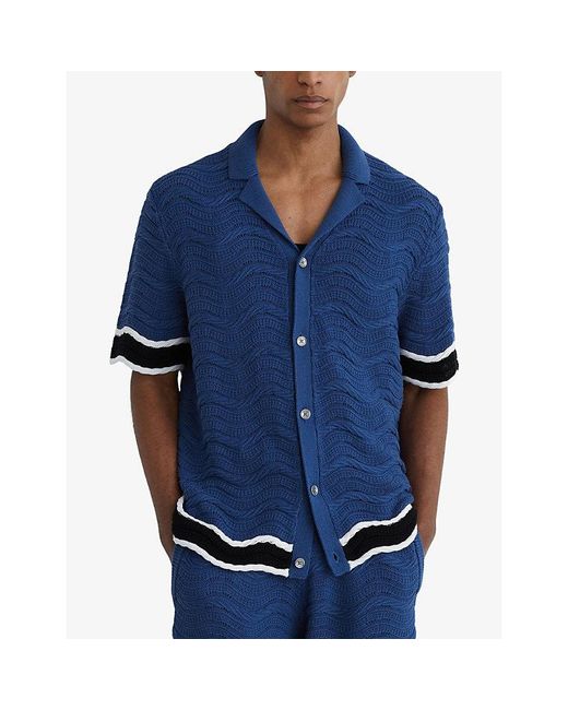 Reiss Blue Ciro Wave-Trim Cotton-Knit Shirt for men