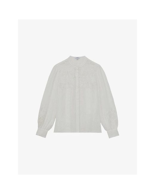Reiss White Ida Floral-Embroidered Linen Blouse