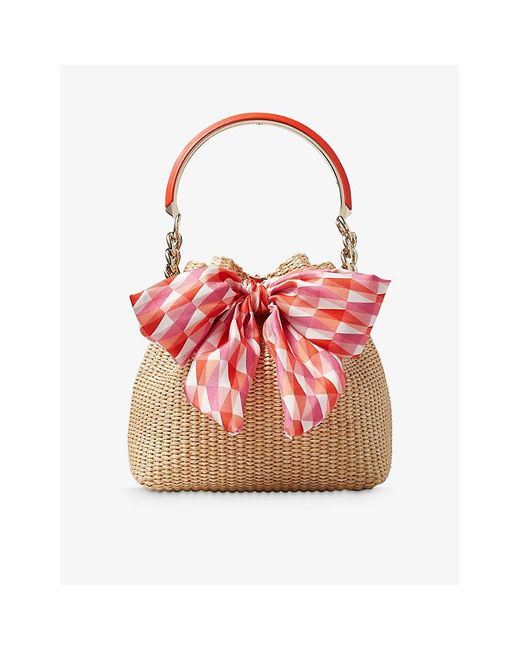 Jimmy Choo Red T/pap/candy Pink Bon Bon Small Bow-embellished Raffia Bucket Bag