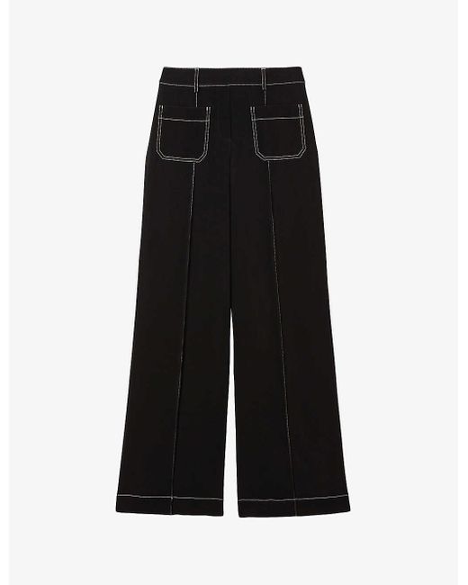 Reiss Black Kylie Contrast-stitching Wide-leg High-rise Stretch-woven Trousers