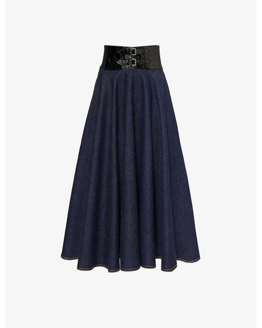 Alaïa Blue Belted High-rise Denim Midi Skirt