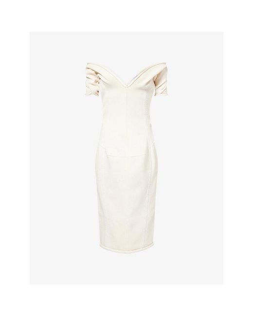 Bottega Veneta White Off-Shoulder Double Crepe Woven Midi Dress