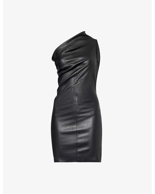 Rick Owens Black Asymmetric-neck Slim-fit Leather Mini Dress