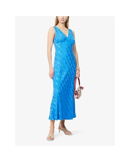 Rixo Blue Sandrine Plunge-V-Neck Woven Midi Dress