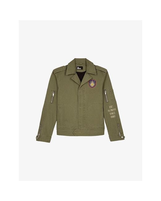 The Kooples Green Brand-Embroidered Zipped-Cuff Cotton Jacket for men