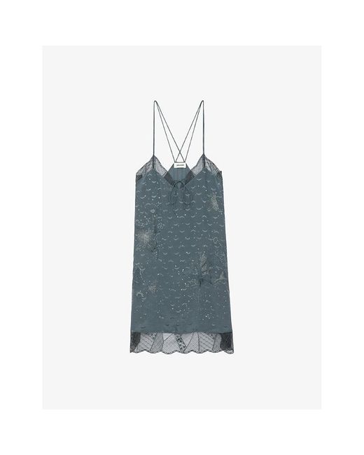 Zadig & Voltaire Blue Calissa Butterfly-embroidered Silk Midi Slip Dress