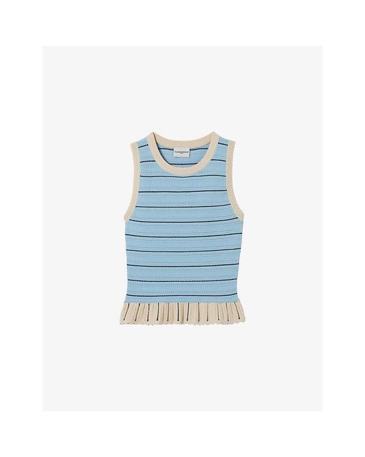 Claudie Pierlot Blue Striped Ruffle-Hem Knitted Top
