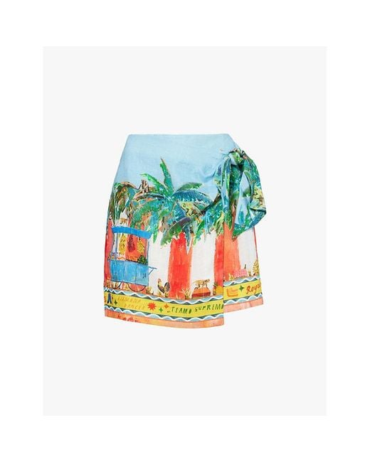 ALÉMAIS Gray All Aboard Graphic-Print Side-Tie Linen Mini Skirt