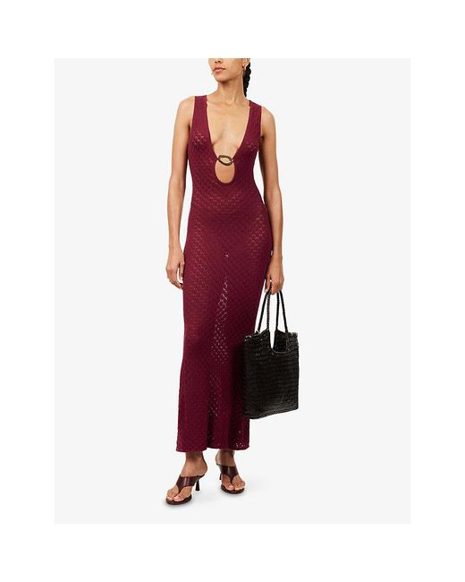 Away That Day Red Dominica Plunge-Neck Crochet Maxi Dress