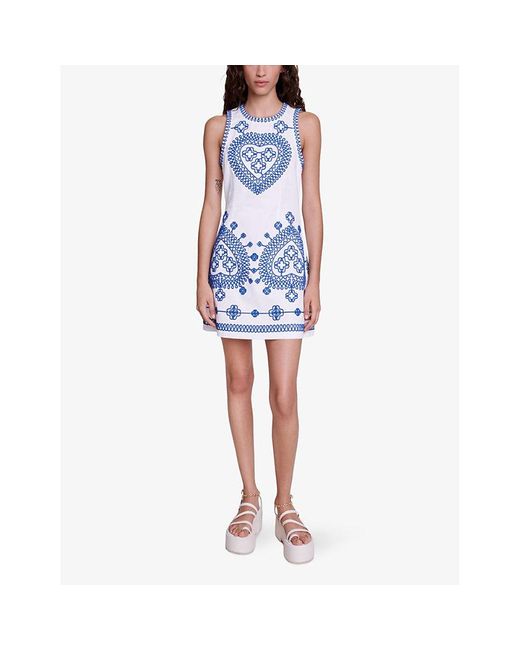 Maje Blue Embroidered Sleeveless Stretch-cotton Mini Dress