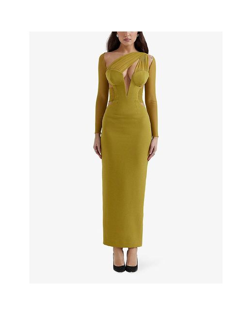 House Of Cb Yellow Zahra Plunge-neck Recycled-polyester Maxi Dres
