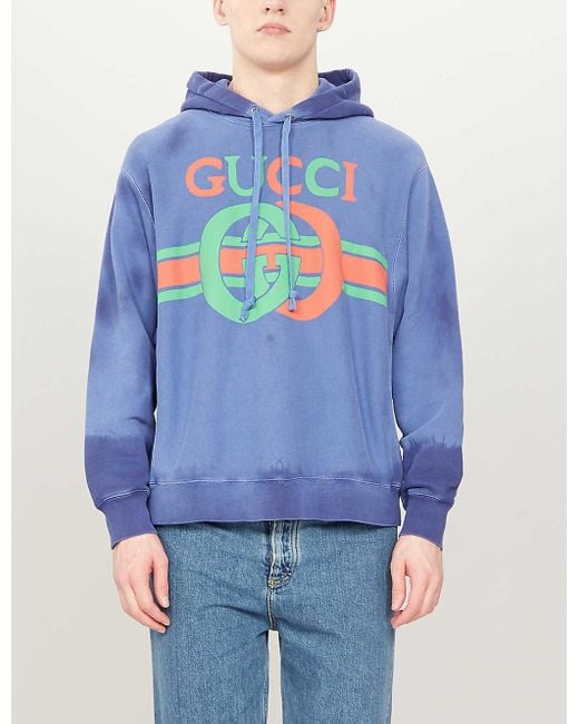 Gucci Blue Tie-dye Logo-print Cotton-jersey Hoody for men