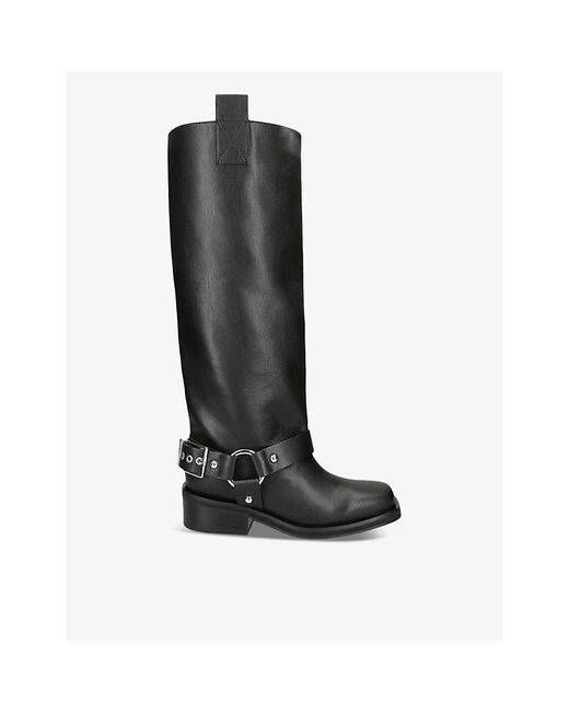 Ganni Black Buckle-embellished Leather Knee-high Boots