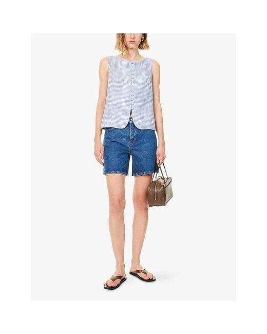 Reformation Blue Addison Gingham Linen Top