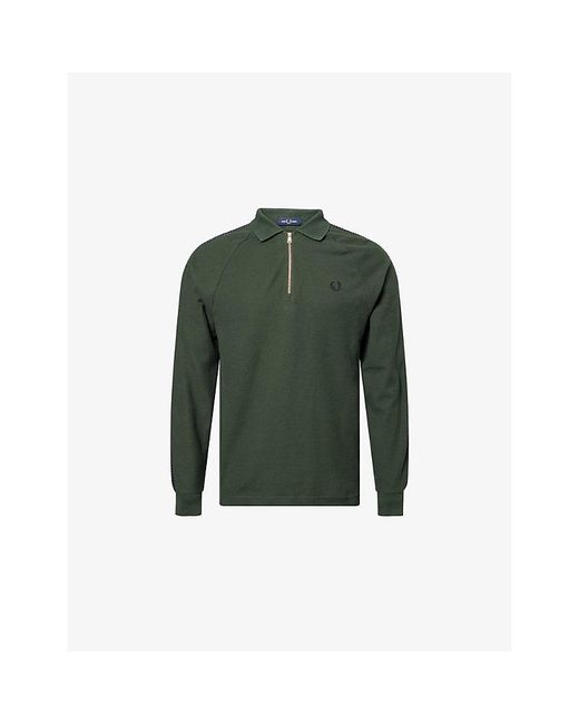 Fred Perry Green Dash Taped Raglan-Sleeves Cotton Polo Shirt for men