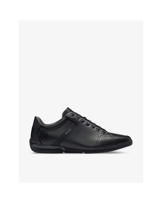 Boss Black Logo-Emed Lace-Up Leather Low-Top Trainers for men