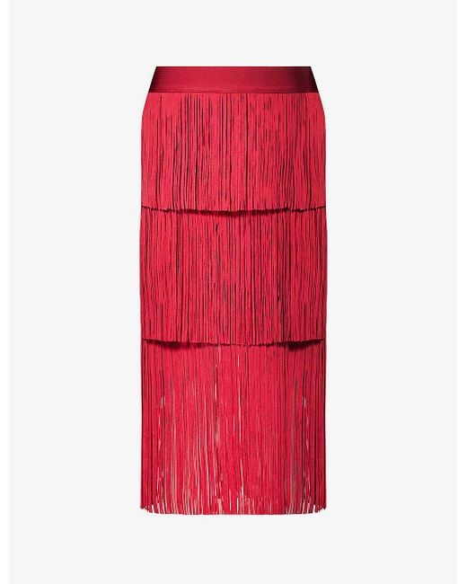Hervé Léger Red Fringed Mid-rise Recycled Rayon-blend Knitted Midi Skirt