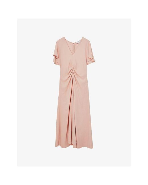 Reiss Pink Rowe Ruched-Front Stretch-Woven Midi Dress