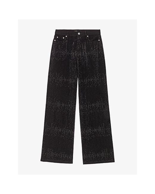 Maje Black Rhinestone Wide-Leg Stretch-Denim Jeans
