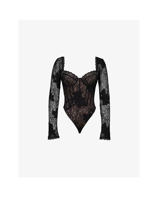 House Of Cb Black Aneira Long Sleeve Lace Bodysuit