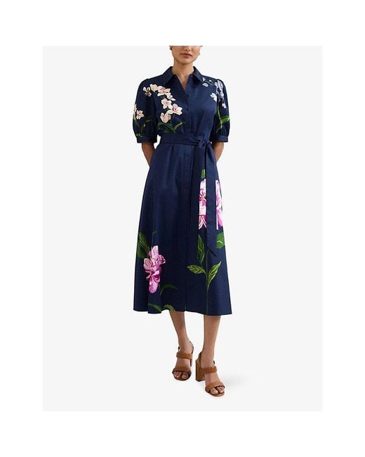 Phase Eight Blue Kerrie Floral-Print Stretch-Cotton Midi Dress