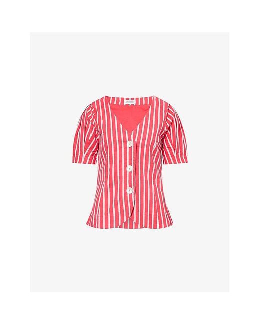 Damson Madder Red Shell Stripe-Print Cotton And Linen-Blend Blouse