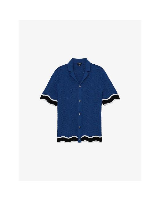 Reiss Blue Ciro Wave-Trim Cotton-Knit Shirt for men