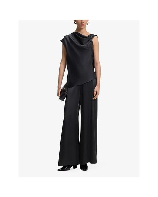 Boss Blue Gathered-Detail Straight-Leg Satin Jumpsuit