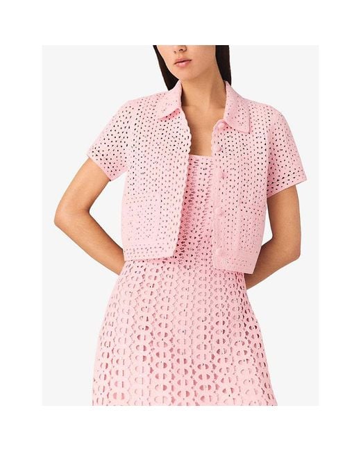 Maje Pink Rhinestone-Embellished Cropped Crochet Cardigan