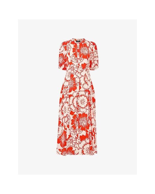 Whistles Red Floral-Print Short-Sleeved Woven Midi Dress