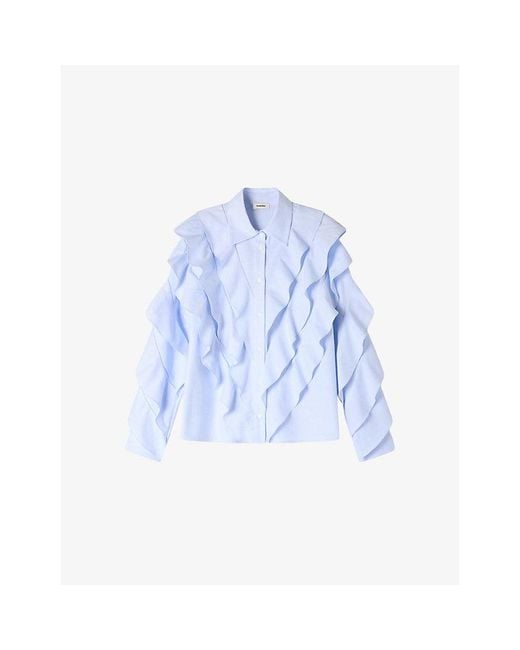 Sandro Blue Ruffled Long-Sleeved Cotton Shirt