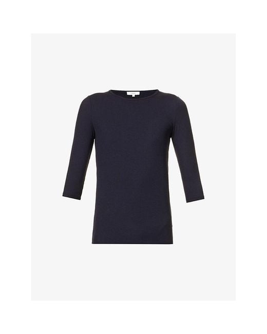 Vince Blue Three Quarter-Length Sleeve Ribbed Stretch-Woven Top
