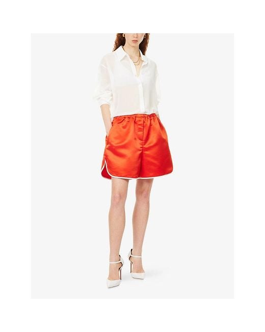 Frankie Shop Red Adia Contrast-Hem Satin Shorts