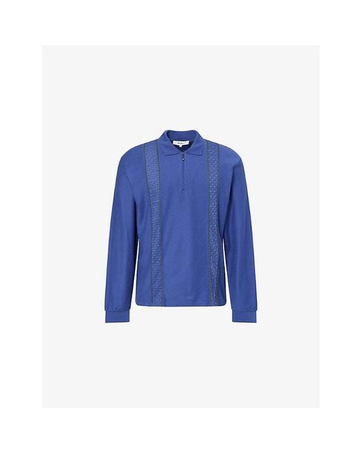 Palmes Blue Lace-Trim Long-Sleeve Cotton Polo Top for men