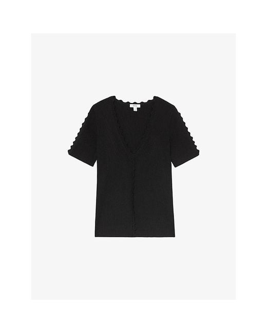 Reiss Black Marcy Scalloped-Trim Knitted Top