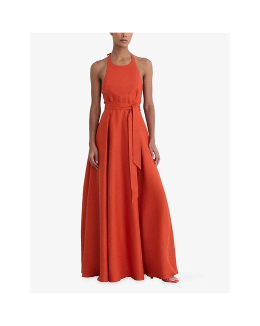 Reiss Red Paules Open-Back Linen Maxi Dress