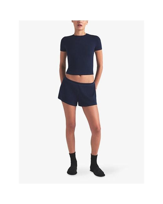 Skims Blue Loose Rib Cotton-Jersey Shorts
