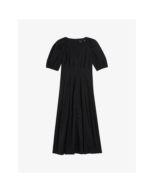 Ted Baker Black Ledra V-neck Puff-sleeve Stretch-cotton Midi Dress