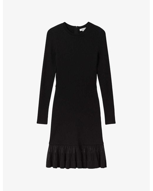 Reiss Black Sheer Pleated-panel Stretch-knit Mini Dress