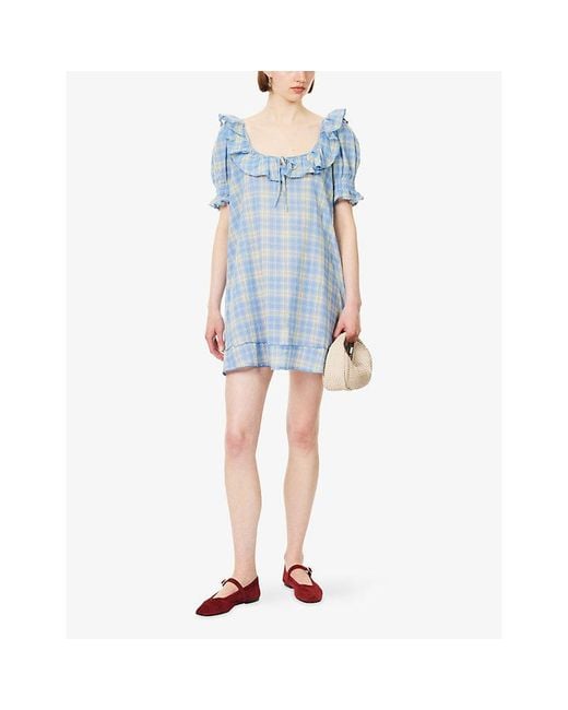 Damson Madder Blue Harlow Puff-Sleeve Cotton Mini Dress
